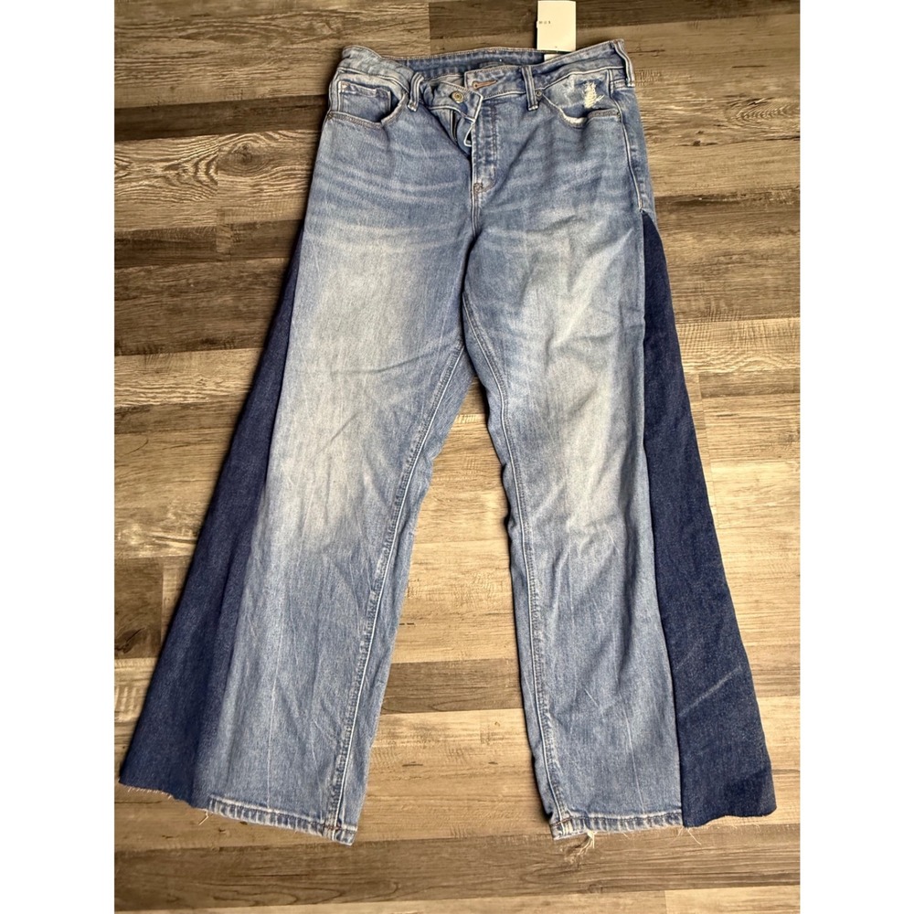 Upcycled Handmade Two Tone Wide Leg Jeans Custom Reworked Flare Denim Blue 12